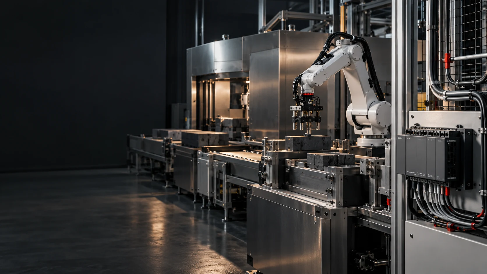 Endüstriyel otomasyon hücresi, robotik çalışma alanı ve saha kontrol birimi
